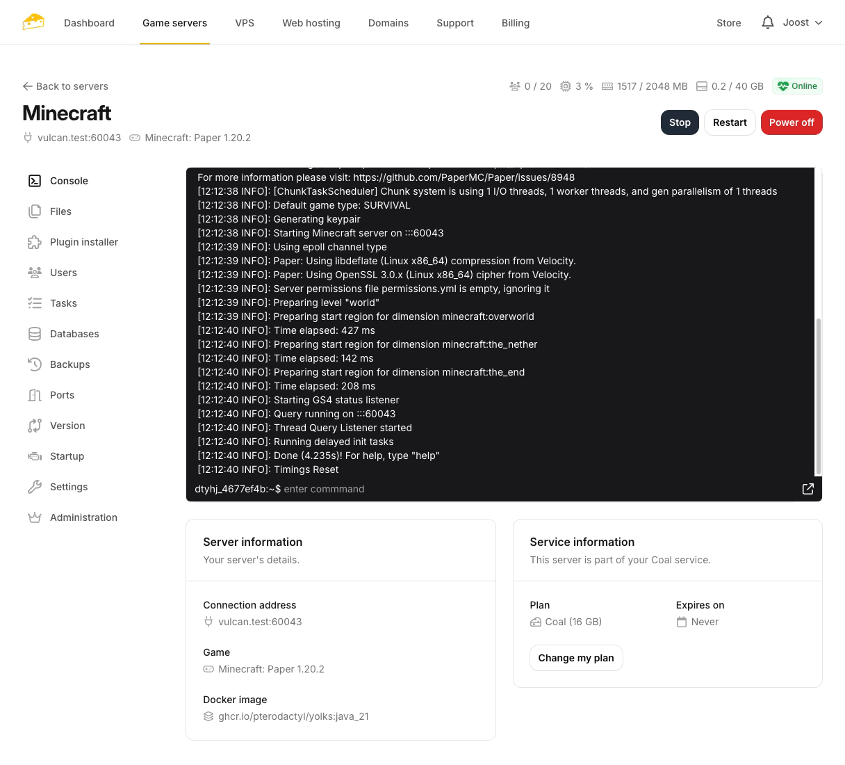 Minecraft server hosting control panel