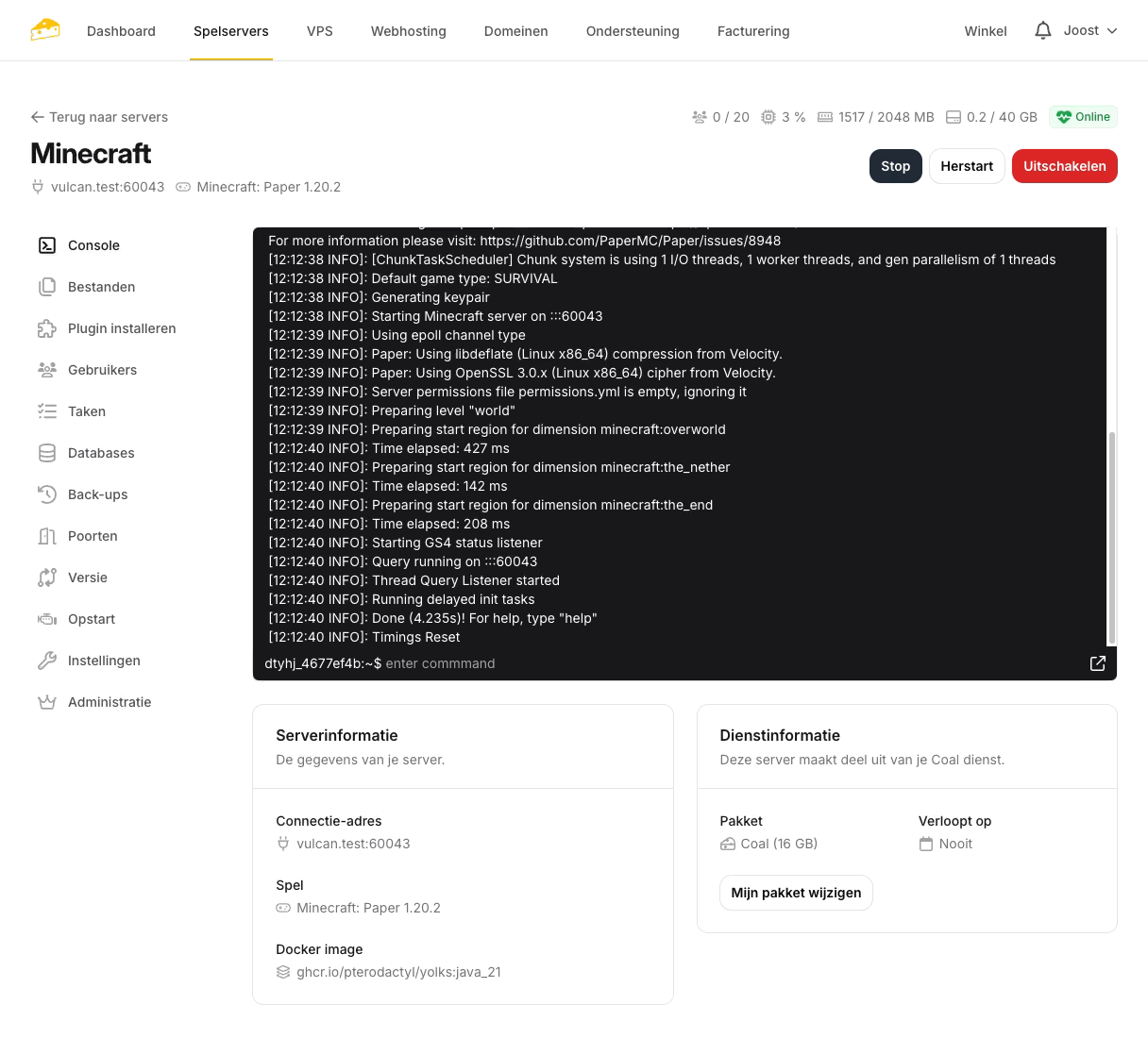 Minecraft server hosting controlepaneel